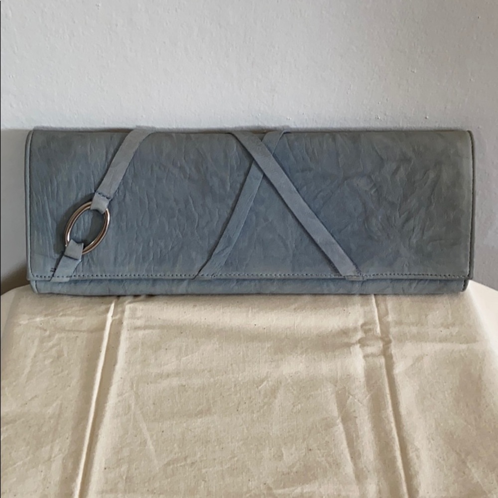 Elegant Blue Fold-Over Clutch with Ring Detail